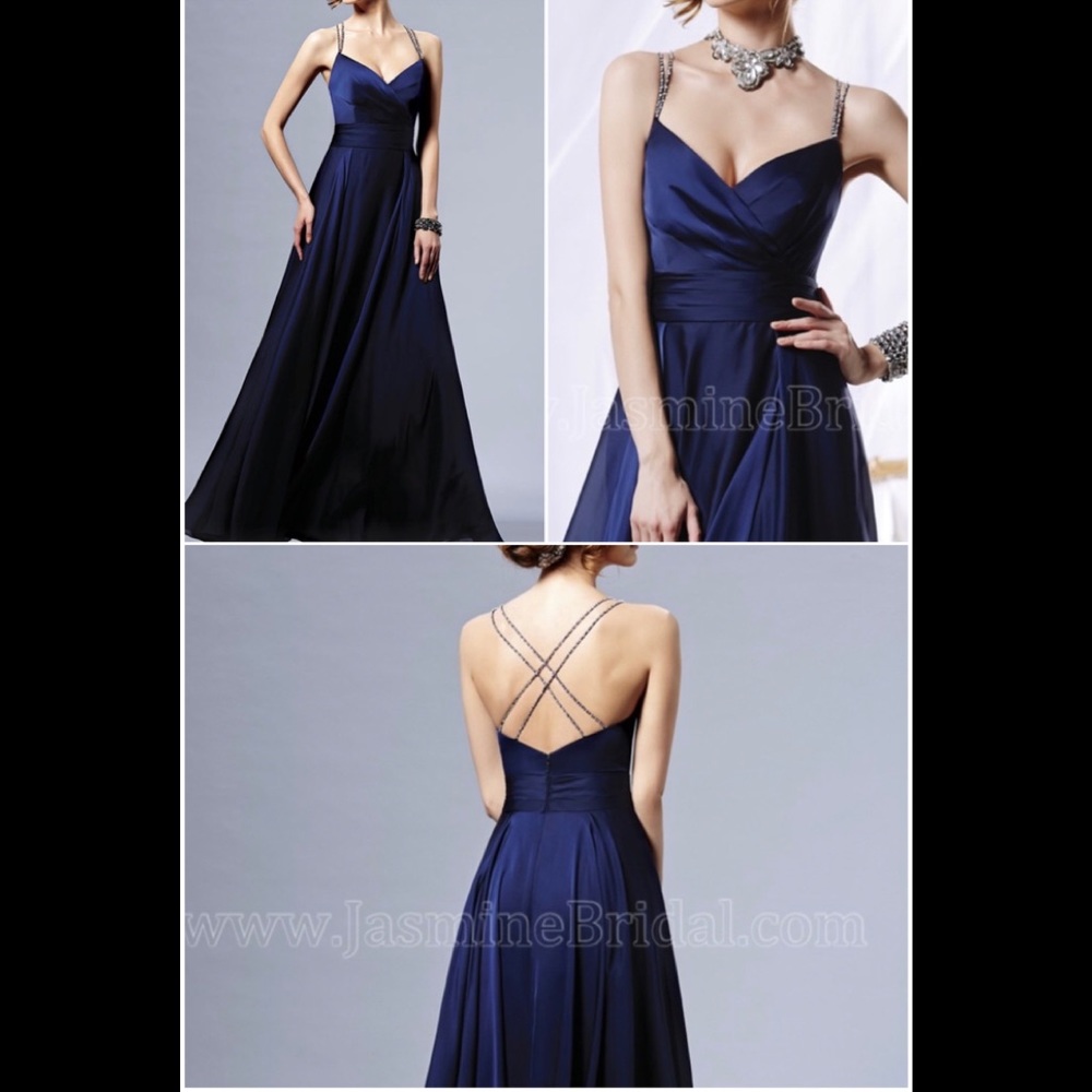 Navy Amber Satin flared skirt gown